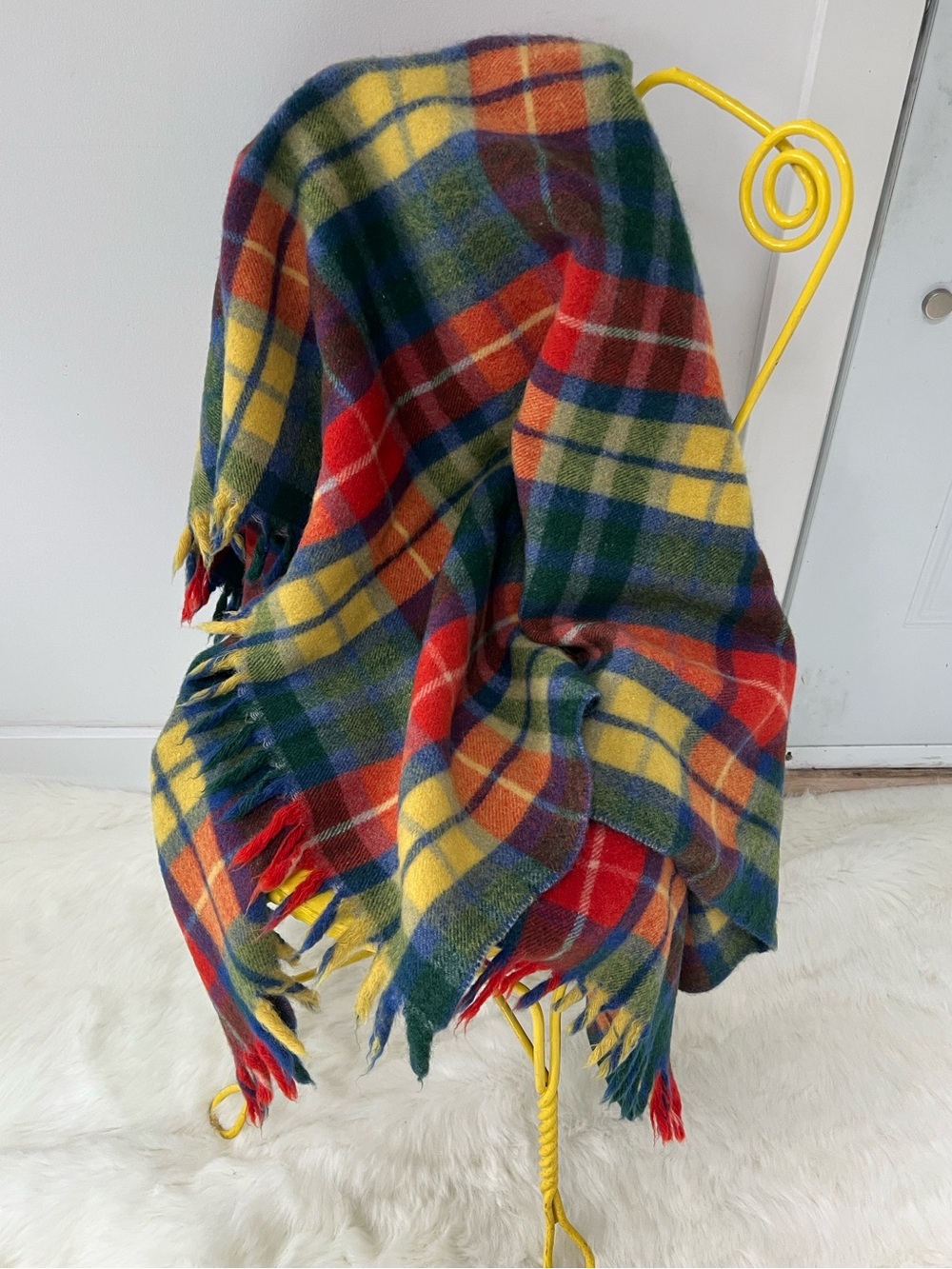 Vintage multicolour retro Plaid Wool Throw Blanket .53”x51” ,Camping blanket